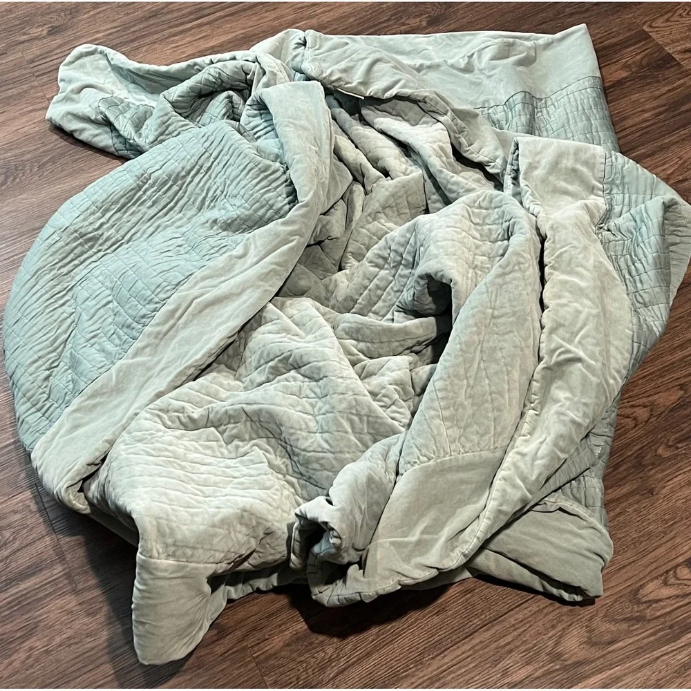 Pottery Barn King Quilt one Sham Sage Green Silk Cotton Velvet Channel Stitch